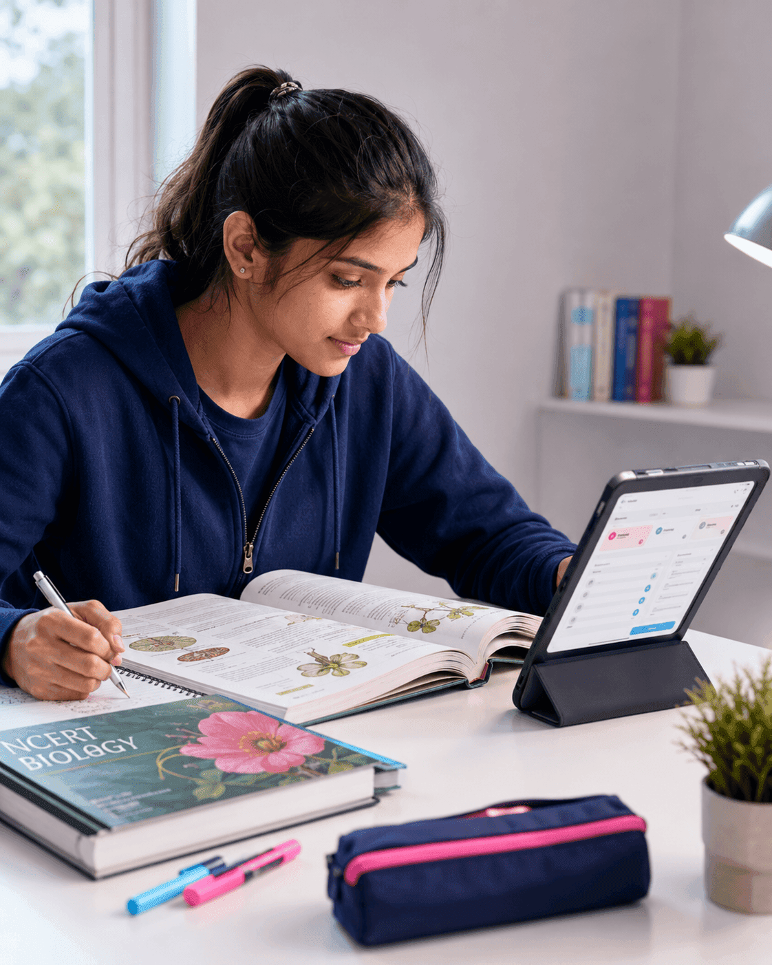Focused NEET aspirant studying with NCERT Biology textbook and BioPrepX on tablet